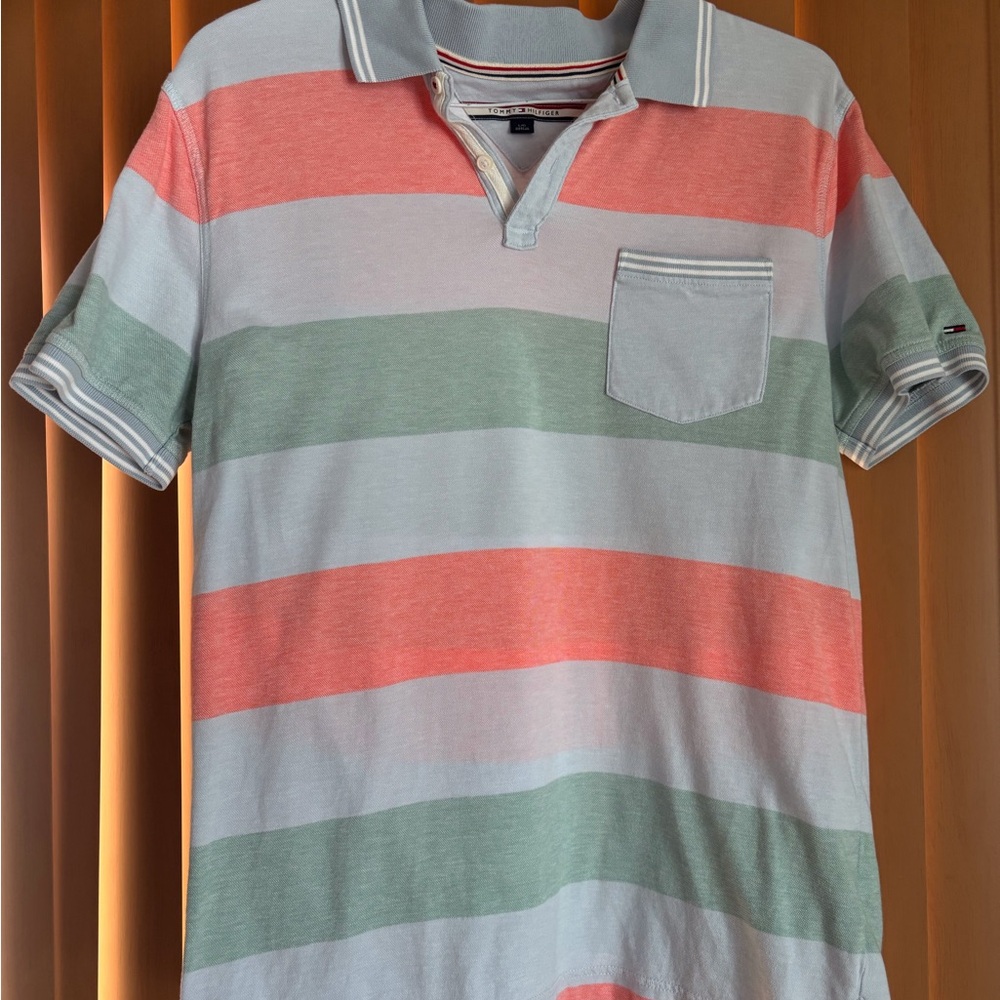 Tommy Hilfiger Men's Striped Polo Shirt - Green, Pink, and Gray